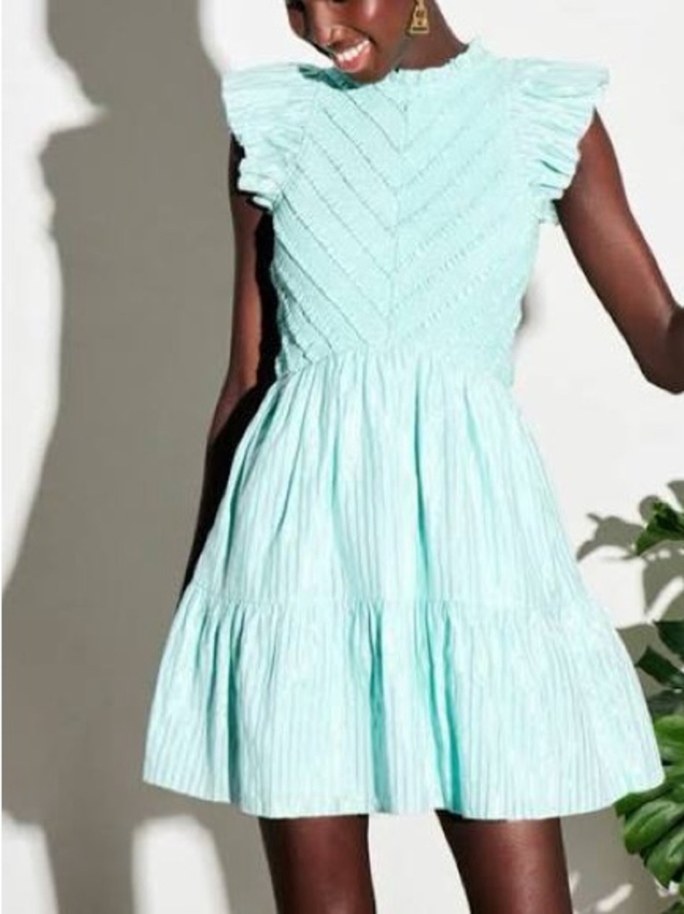 Saylor Carraway Mermaid Stripe Aqua Metallic Smocked Mini Dress M